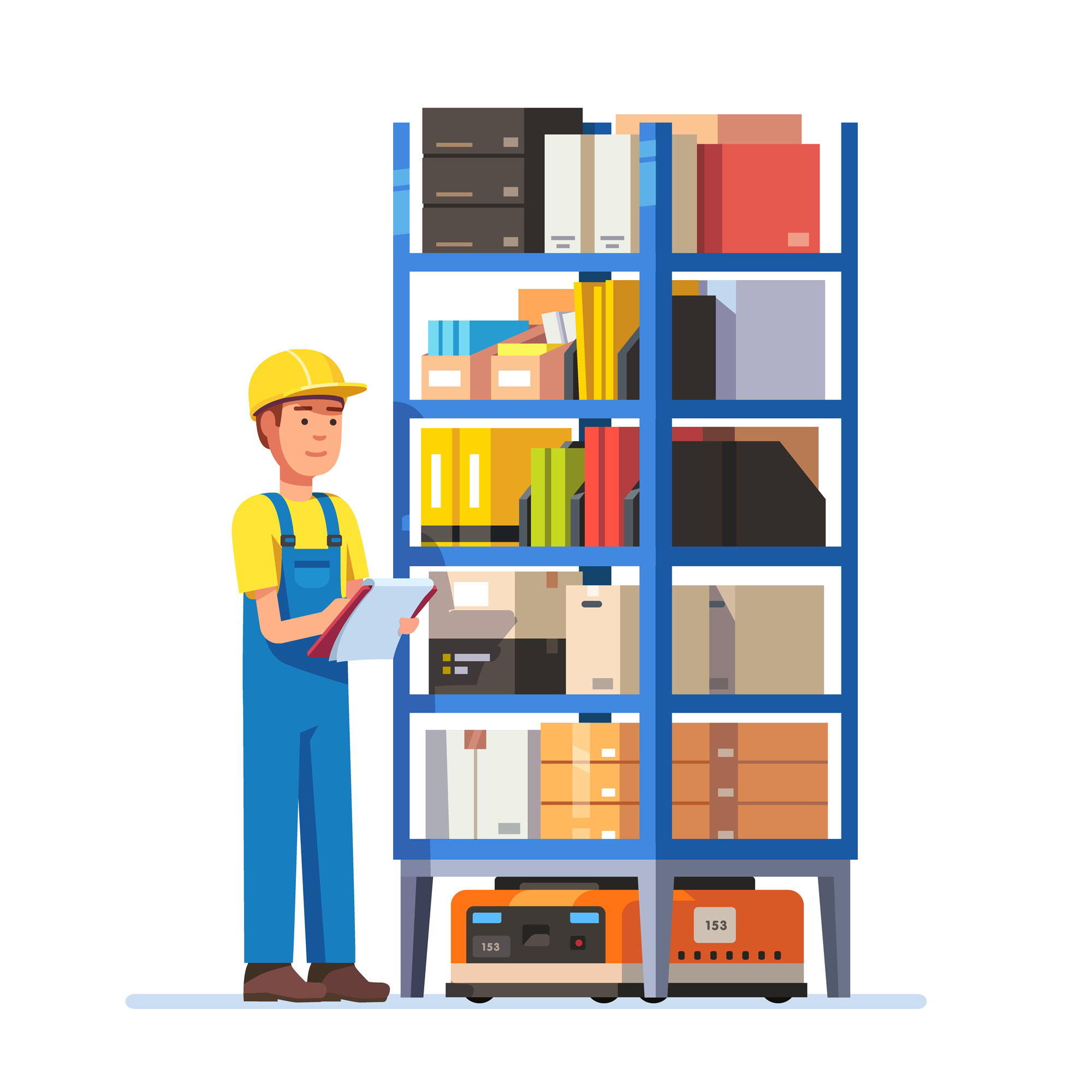 Warehouse worker checking inventory on a metal rack on a robot. Stock taking job. Modern flat style vector illustration isolated on white.